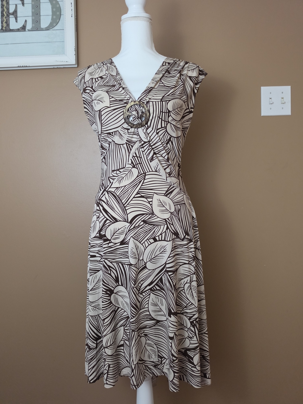 Ruby Rox Brown and Cream Leaf-Print Midi Dress